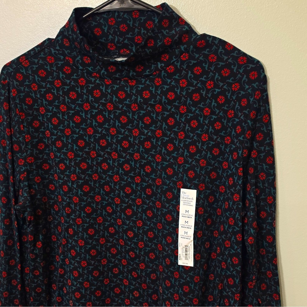 Croft & Barrow Black Red Floral Knit Mock Neck Long Sleeve Cotton Top M #332